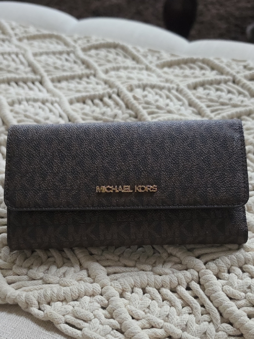 Michael Kors Dark Brown Signature MK Continental Wallet with Gold Logo